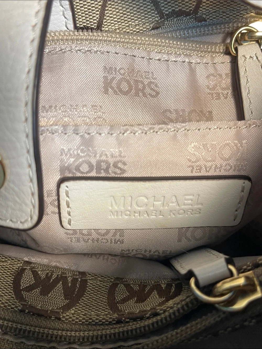 Michael Kors Beige Signature Drawstring Shoulder Bag with White Trim